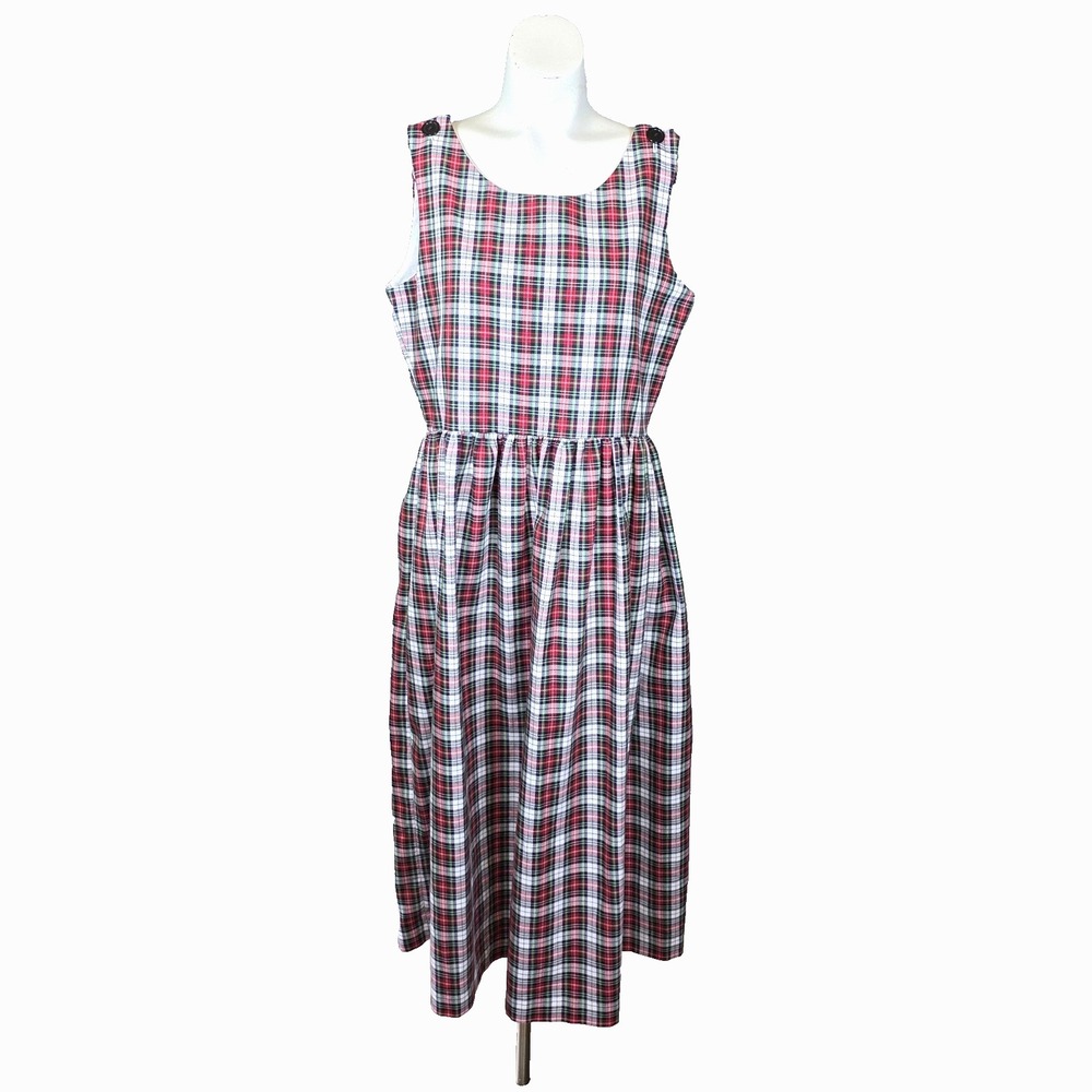 Vtg Kelly's Kids Plaid Jumper Dress Adult Medium Red Tartan 90s Pinafore Cottage